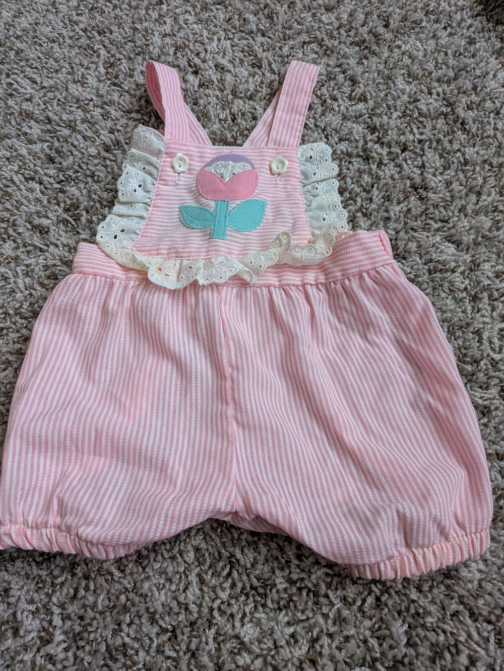healthtex VTG Pink & White Striped Baby Overalls with Flower Applique